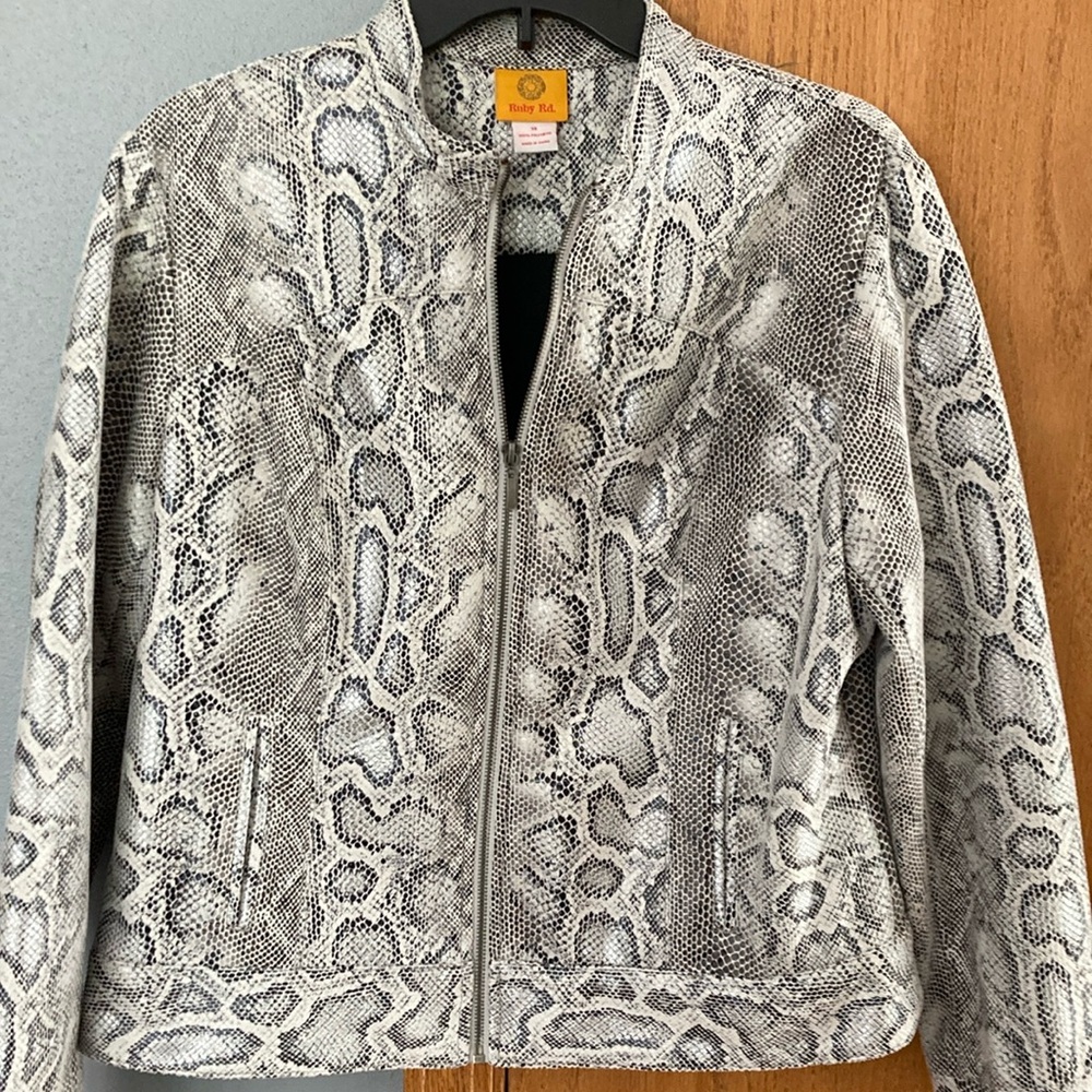 Ruby Rd Gray and White Bomber Jacket with Intricate Pattern